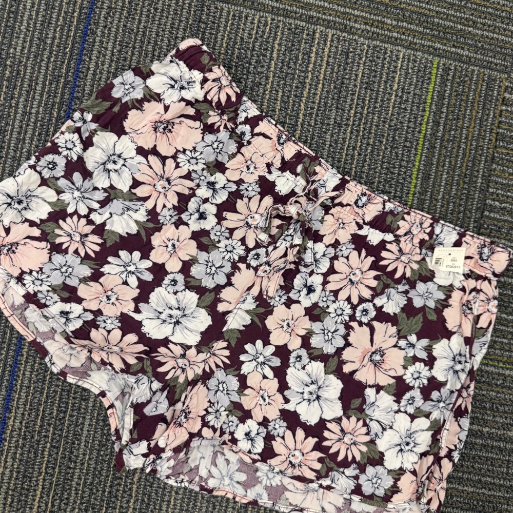 Aeropostale Floral Shorts Womens XL Burgundy New Drawstring Elastic Waist Pocket